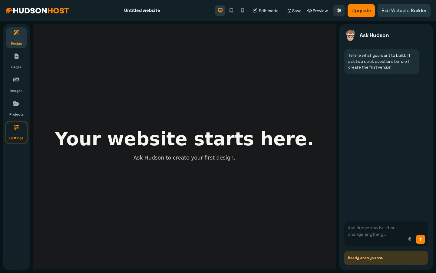 HudsonHost website builder showing its design, pages, images, projects, settings, preview, and Ask Hudson controls