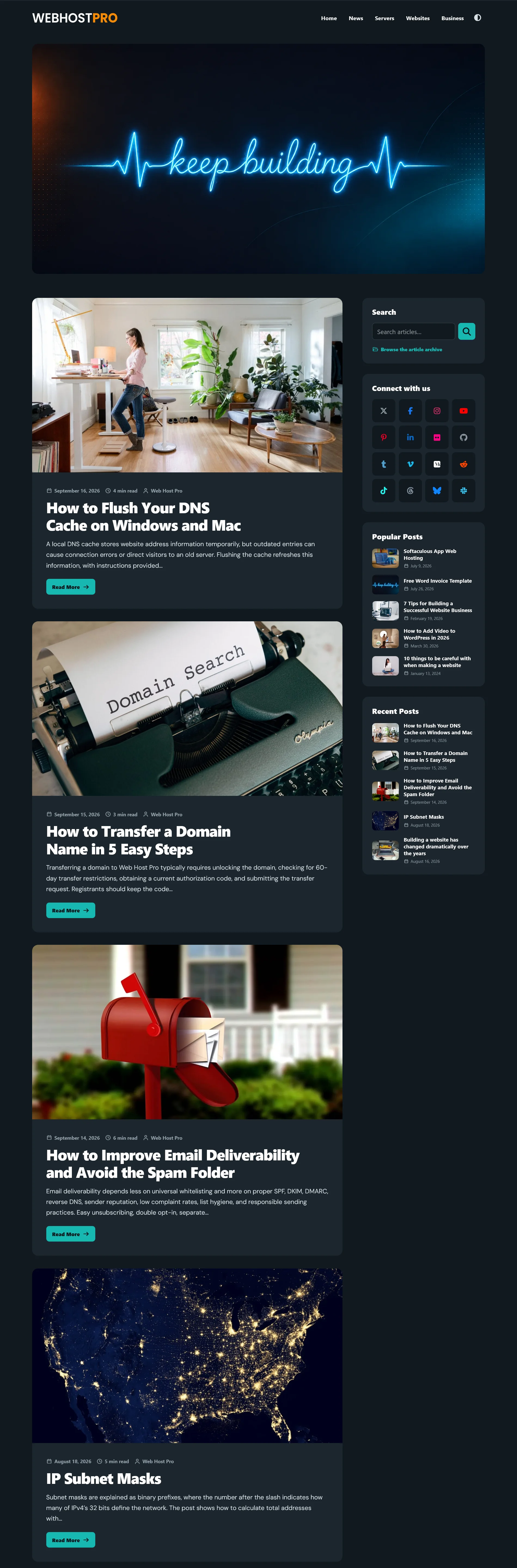 Full-page preview of the free Web Host Pro Blog WordPress theme