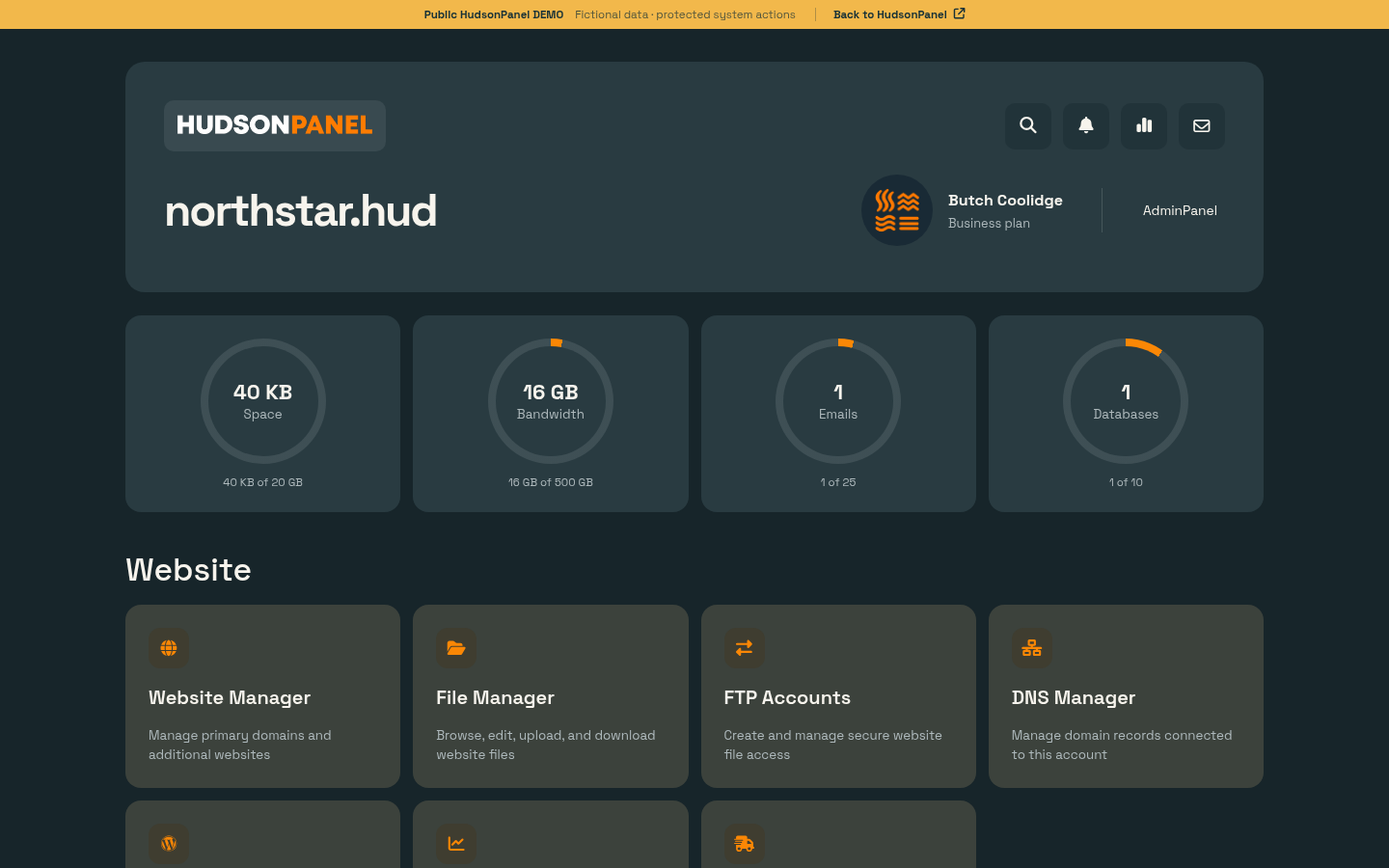 HudsonPanel hosting account dashboard demo
