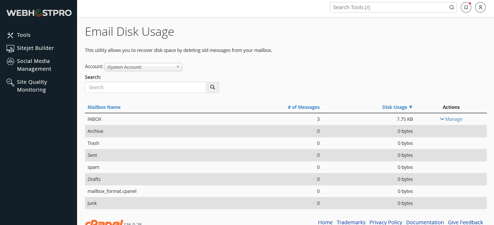 Email Disk Usage Screenshot
